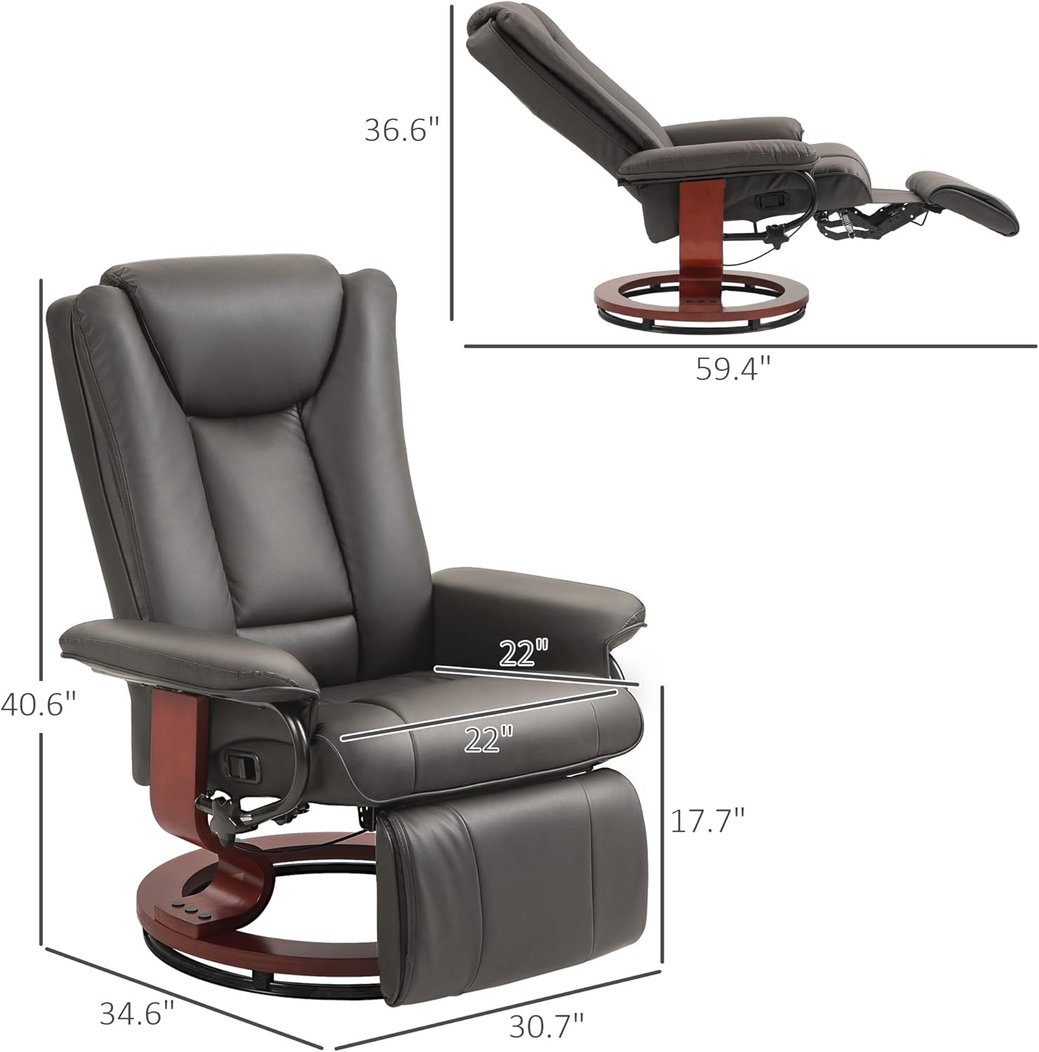 HOMCOM Manual Swivel Recliner Chair, PU Leather Reclining Chair with Footrest for Living Room, Brown