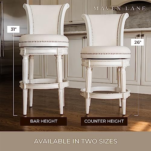 Maven Lane Pullman 31 Inch Tall Bar Height Upholstered Barstool with Back in Weathered Oak Finish with Sand Color Fabric Cushion Seat, Set of 3