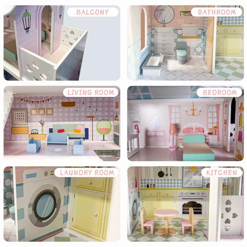 Large Wooden Dollhouse with Working Elevator & Balcony - 3 Stories 6 Rooms Doll House Playset with Furniture Accessories, Creative Toy Gift for Girls 3+, White