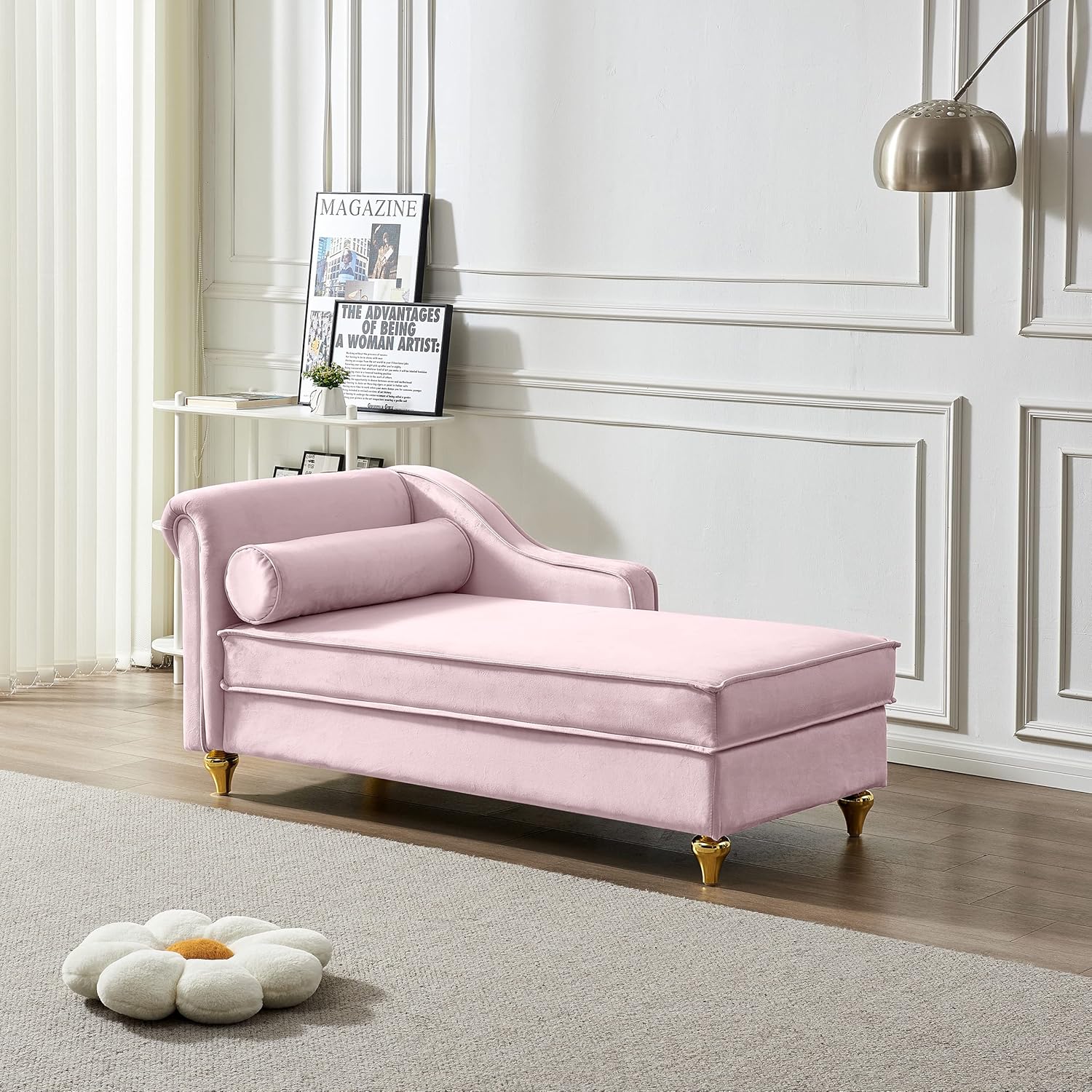 60.6" Modern Upholstery Chaise Lounge Chair with Storage, Velvet Corner Couch Daybed with Gold Metal Legs, Sleeper One-Arm Recliner Sofa Bed for Bedroom,Office,Living Room,Apartment,Pink