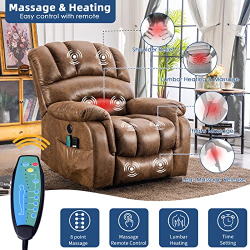 Large Dual OKIN Motor Power Lift Recliner Chair for Elderly Heated Massage Lay Flat Sleeper Electric Recliner Overstuffed Wide Recliners, Infinite Position, Side Pockets & USB Ports, Gray