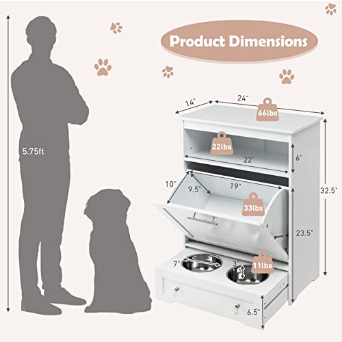 Dog Feeding Station Dog Food Storage Cabinet with 2 Raised Dog Bowls, Dog Food Storage Container, Pull Out Elevated Dog Bowls for Water and Feeding Supplies, Pet Toy Storage Organizer,White