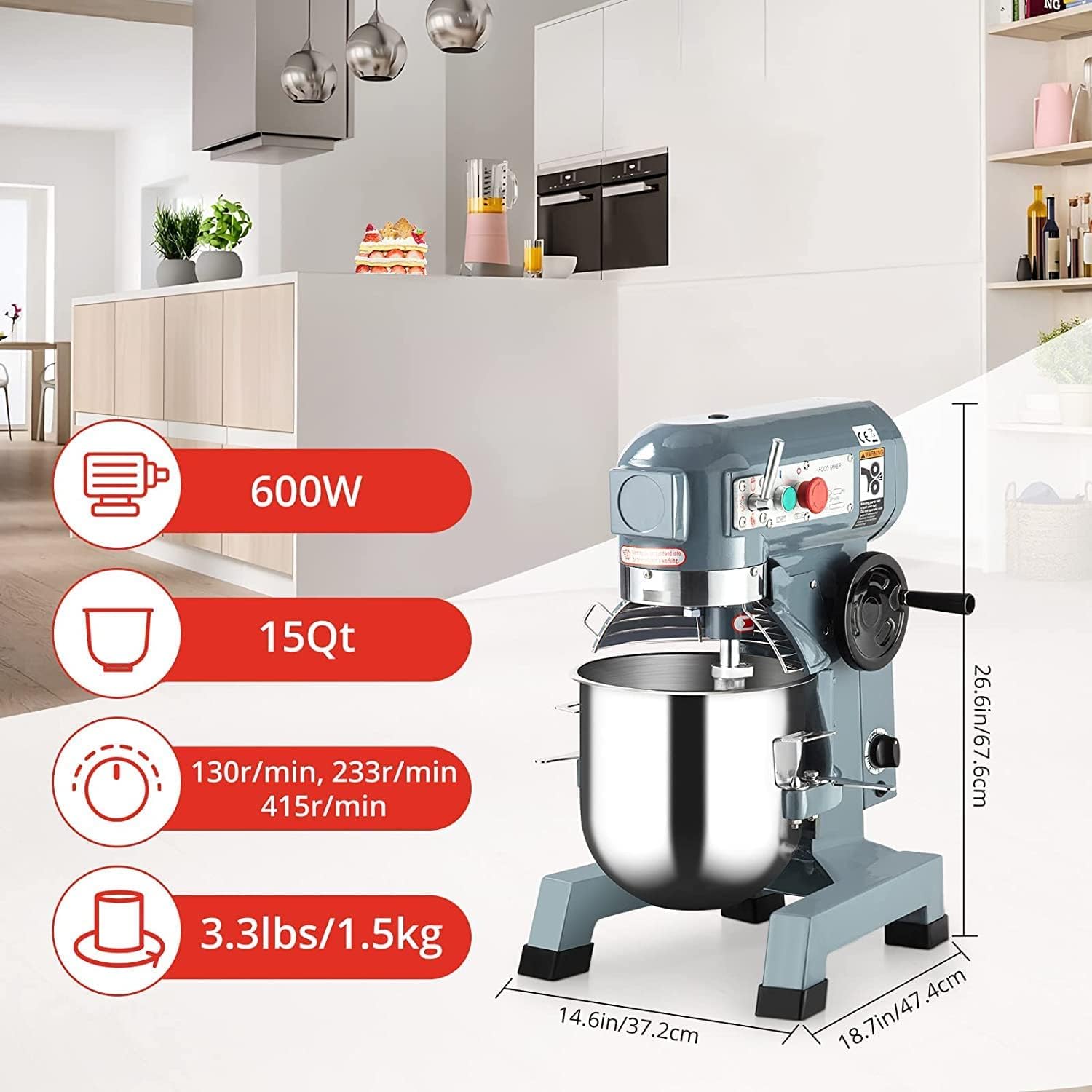 Commercial Food Mixer 15QT 600W 110V 3 Speeds Adjustable, Stand Mixer Dough Kneading Machine with Stainless Steel Bowl Dough Hooks Whisk Beater, With Safety Guard for Bakeries Restaurants Pizzerias