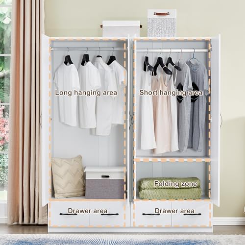 4-Door Wooden Gray Armoire Wardrobe Closet with 3 Drawers for Bedroom Storage Wardrobe Closet Wood with Hanging Rod with Large Storage Wardrobe with Drawers 63" L x 20.3" W x 72" H
