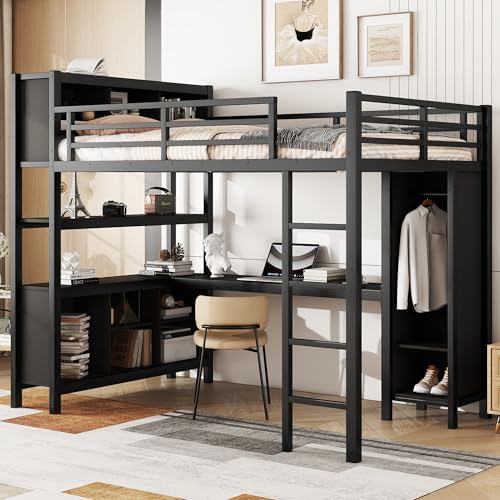 Linique Metal Loft Bed with Wardrobe & L-Shaped Desk - Sturdy Space-Saving Loft Bed Includes Storage Cubes, Shelves for Kids, Teens, Adults (White, Queen)