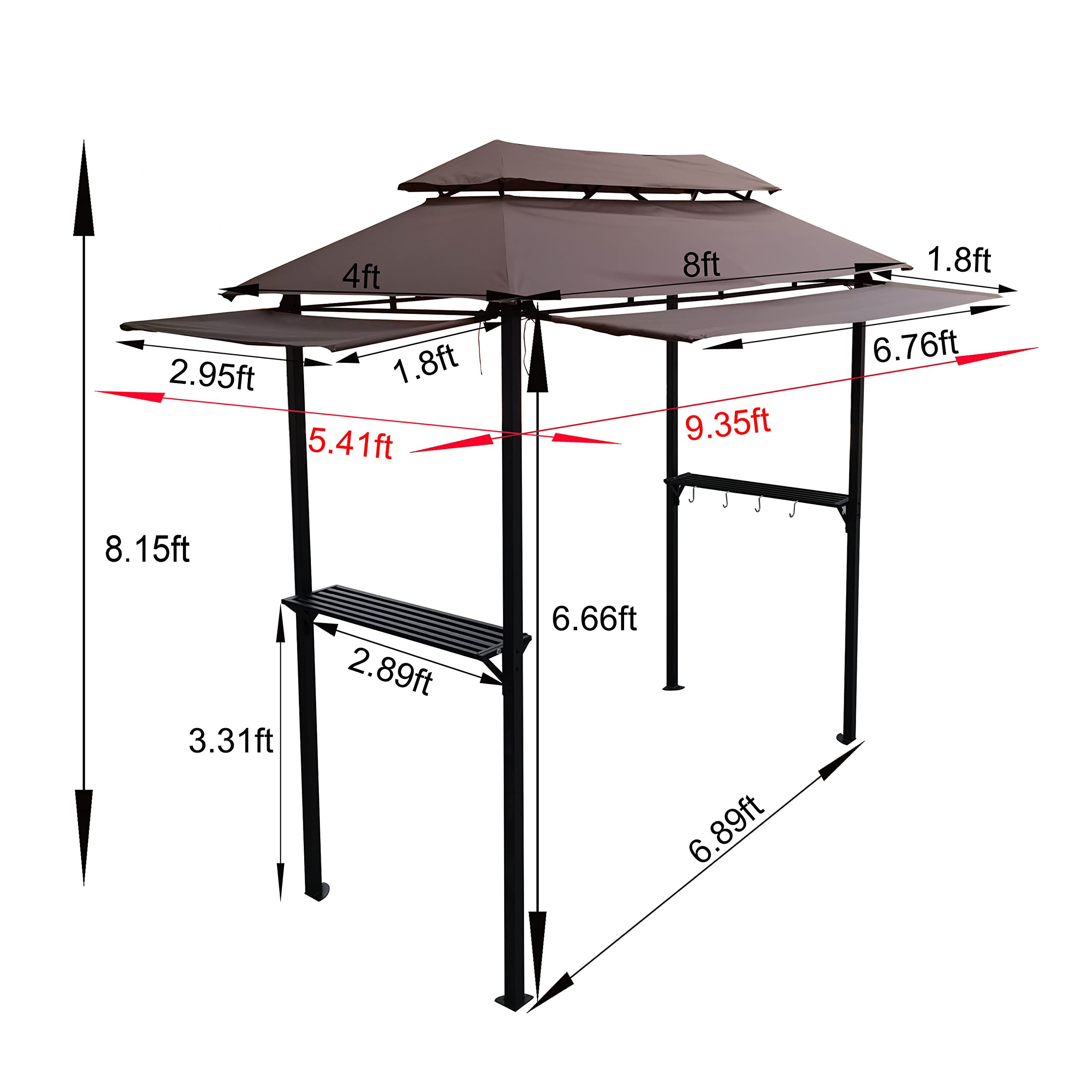 8'x4' Grill Gazebo Canopy, Grill Tent for Outdoor Grill, Double Tiered BBQ Gazebo with Two Extra Shadow, Two Shelves, Eight Hooks, Small Grill Shelter For Backyard, Patio (Light Brown)
