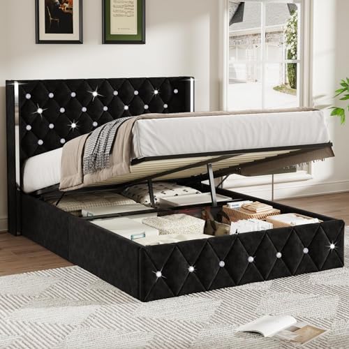 HOMBCK Full Size Lift Up Storage Bed Frame, Modern Bed Frame with Diamond Headboard, Velvet Bed Frame with Sliver Wingback, Hydraulic Storage, No Box Spring Needed, Black