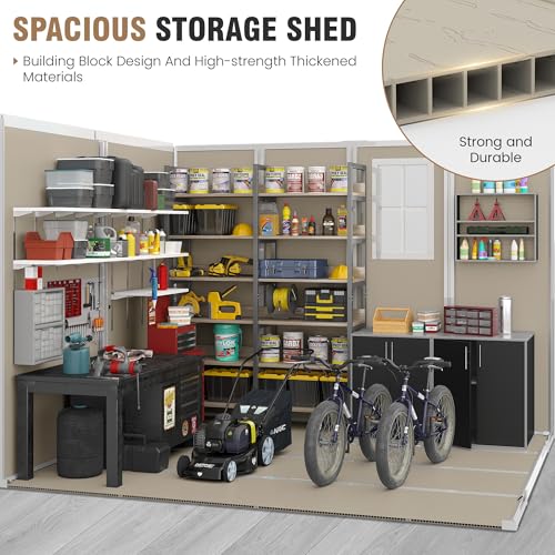 Outdoor Storage Shed, 6x6 FT Resin Shed with Floor and Lockable Door, Window, Vents, Tool Sheds and Outdoor Storage for Bike, Garden Accessories, Tools, Waterproof (Grey & White)