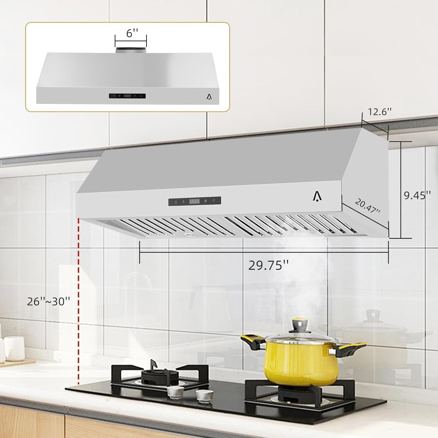 Range Hood,30 Inch Range Hood for Under Cabine Stainless Steel 3-Speed Exhaust Fan,Touch Screen, Dishwasher Safe Baffle Filters, LED Lamps, 400 Max Blower CFM,Low Noise for Kichten