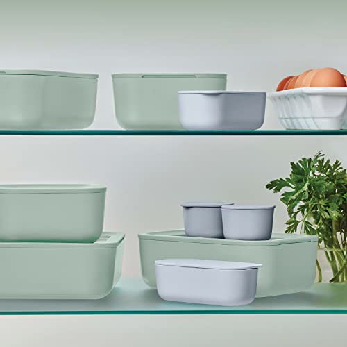 Caraway Glass Food Storage Set, 14 Pieces - Ceramic Coated Food Containers - Easy to Store, Non Toxic Lunch Box Containers with Glass Lids - Includes Storage Organizer & Dot & Dash Inserts - Mist