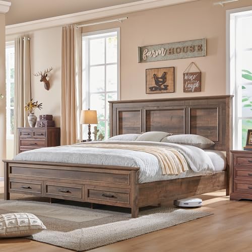 Farmhouse King Size Bed Frame with 52" Tall Full Panel Headboard, Wood Platform Bedframe with Footboard and Storage Drawers, No Squeak, No Box Spring Needed, Antique Brown