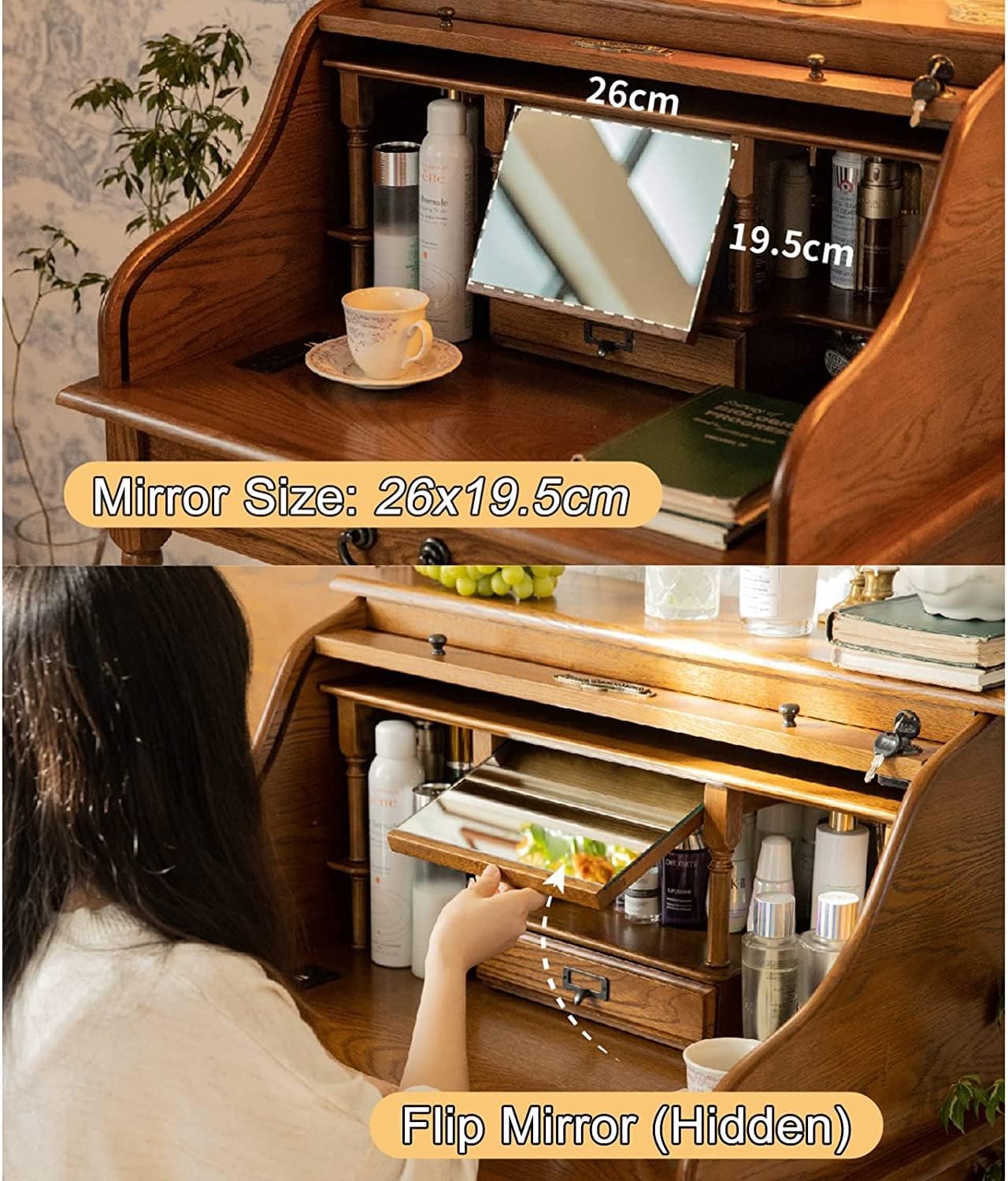 Vanity Table Oak Wood Vanity Desk, Dressing Table with Pull-Out Hidden Mirror, Safety Lock Design Makeup Vanity with Charging Port Makeup Table