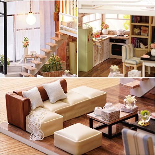 CUTEBEE Dollhouse Miniature with Furniture, Wooden DIY Dollhouse Kit Plus Dust Proof and Music Movement, 1:24 Scale Creative Roo