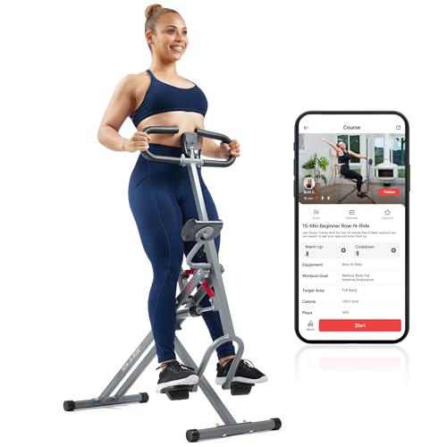Sunny Health & Fitness Row-N-Ride PRO, Full Body Combo Squat Machine w/Optional Resistance Band, Easy Setup Ab Workout Exercise Equipment for Home, Whole Body Cardio, Optional SunnyFit App Connection