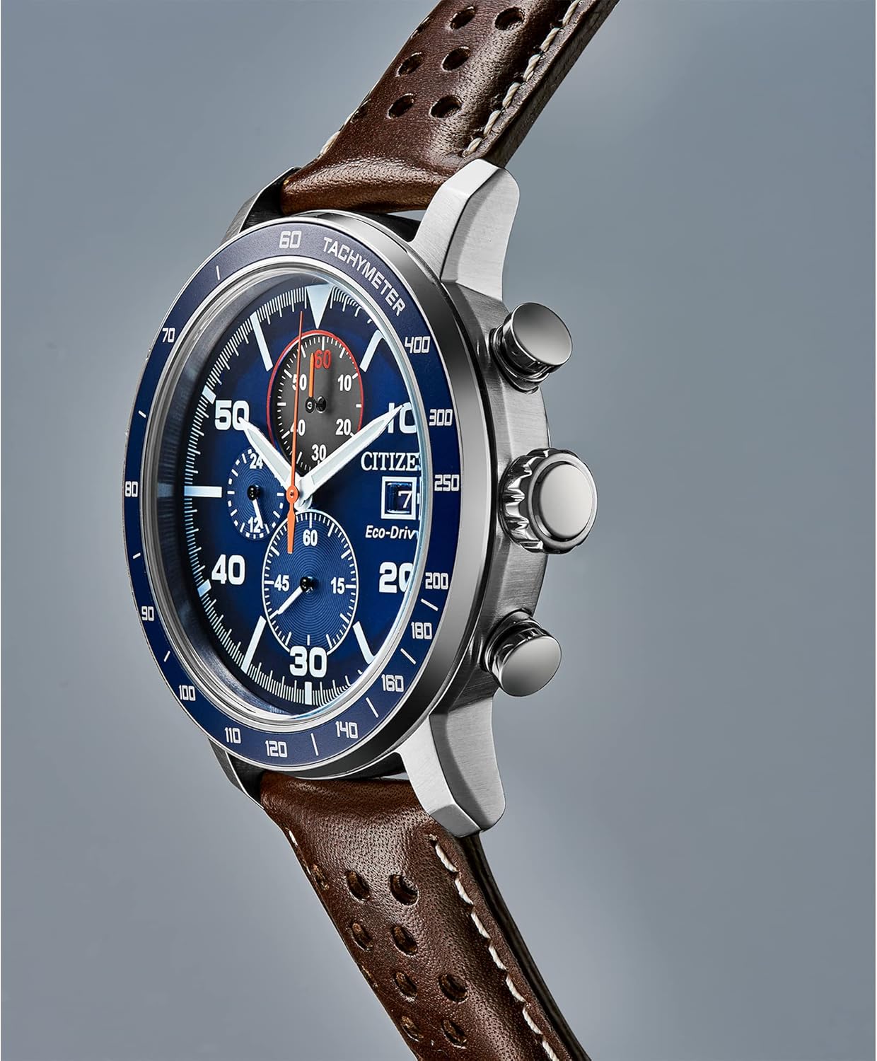 Citizen Men's Eco-Drive Weekender Brycen Chronograph Watch in Stainless Steel, Brown Leather strap, Blue Dial (Model: CA0648-09L)