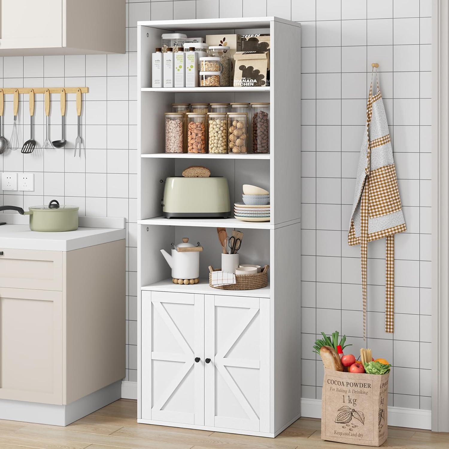 Farmhouse Bookcase with Doors Industrial Bookshelf White Display Storage Shelves 71.4in Tall Bookcases Wooden 6 Shelf Bookshelvels for Bedroom, Living Room, Home Office