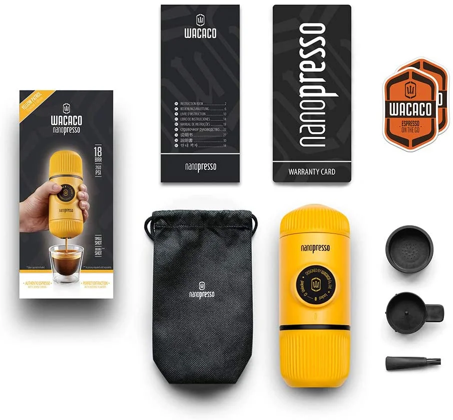 Wacaco Nanopresso Portable Espresso Maker, Upgrade Version of Minipresso, 18 Bar Pressure, Yellow Patrol Edition, Extra Small Travel Coffee Maker