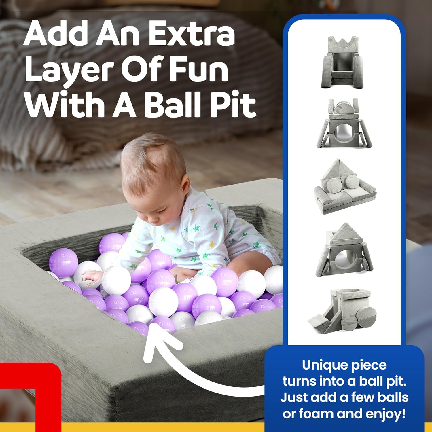 Modular Kids Play Couch - 15 Pieces Buildable Plush Play Couch Panels with Ball Pit Square, Backrests - Kids Sofa Couch Furniture for Ages 5-12, Kids Couch for Playroom, Bedroom, Classroom