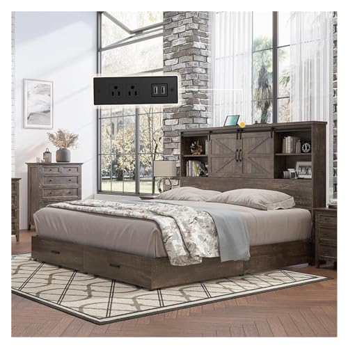 King Size Wood Platform Bed Frame with 51.2"" Bookcase Headboard, Storage Bed with Sliding Barn Door Charging Station 2 Drawers,Modern Style, xx-921
