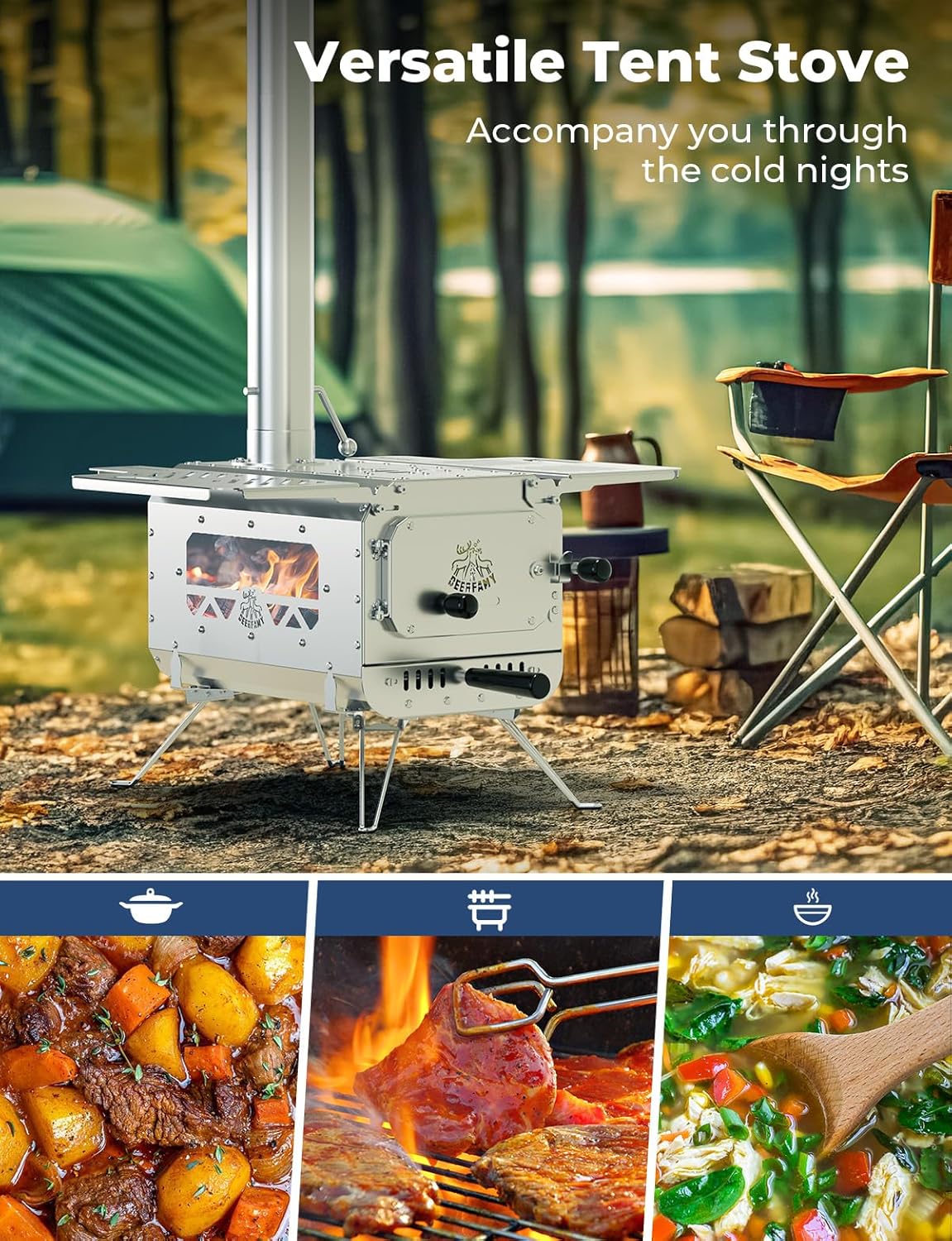 DEERFAMY Tent Stove, Portable Hot Tent Stove, Small Stainless Steel Camping Tent Stove with 6 Chimney Pipes for Outdoor Heating and Cooking