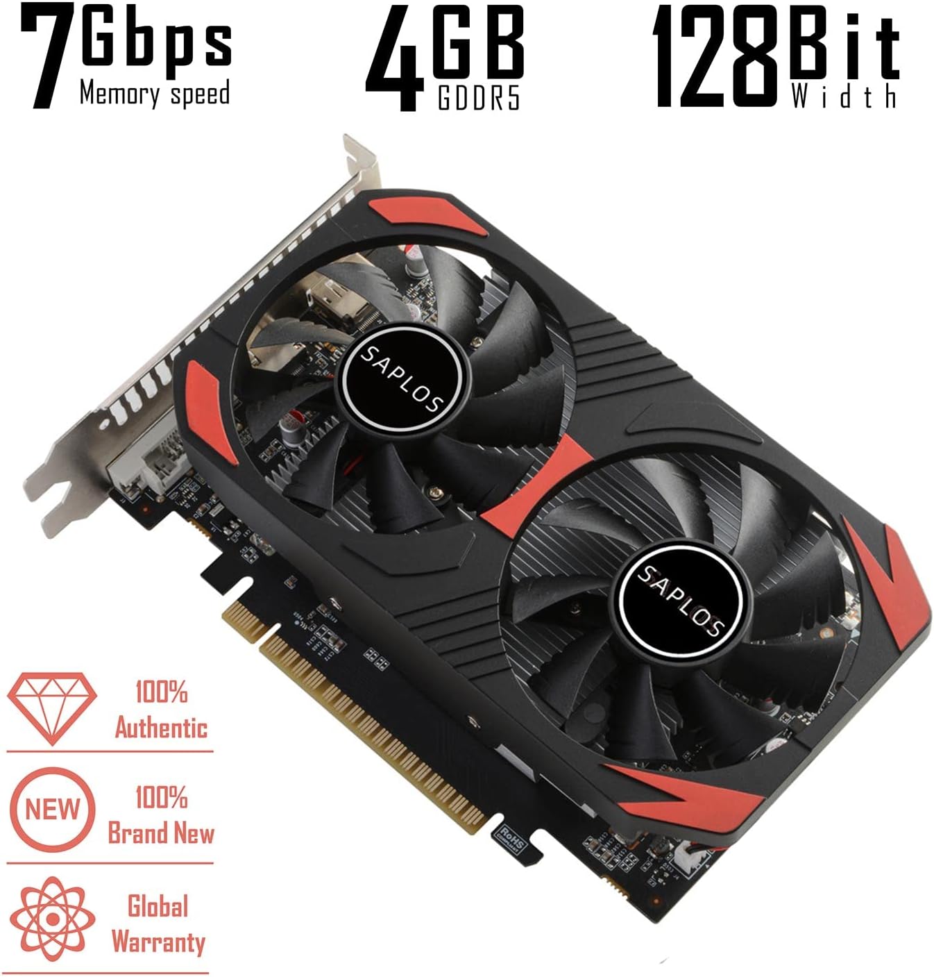 SAPLOS GTX 1050 Ti Graphics Card, 4GB, 128 Bits, GDDR5, GPU for Gaming PC, Computer Video Card, DisplayPort/HDMI/DVI, Dual Fans, PCI Express x16 3.0