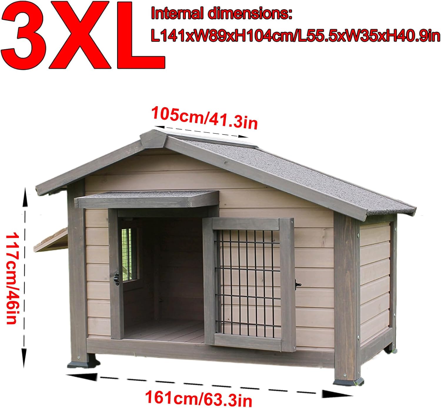 Dog House Outdoor xlarge Weatherproof with Air Vent & Elevated Floor & Door Window, Sturdy & Well Built Wooden Dog House for Pets - Simple and Easy to Put Together & Weather Resistant, Grey