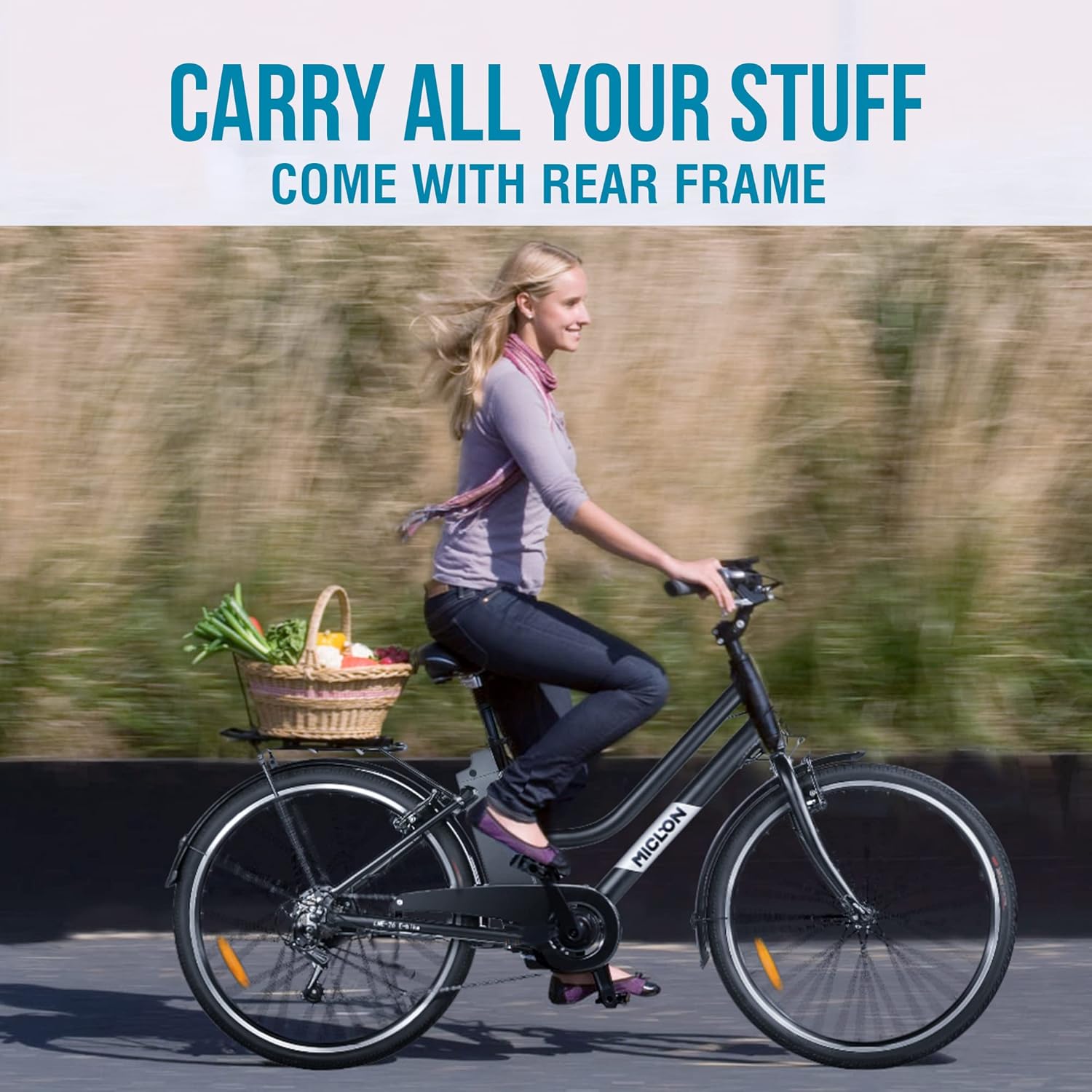 MICLON LNE 26 Electric Bike for Adults, Removable 36V 10AH Battery, Up to 40 Miles, 250W Brushless Motor, Adjustable Handlebars, Rear Rack, LED Lights, Shimano 7 Speed, 26&rdquo; City EBike
