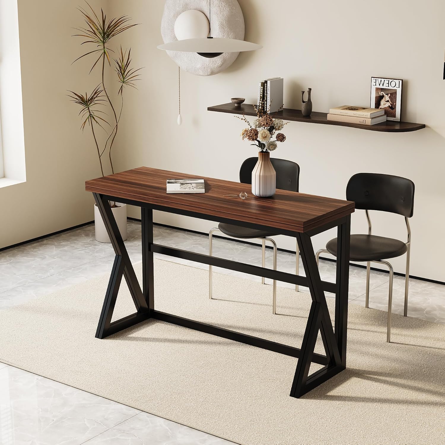 Extendable Drop Leaf High Table, Wood Folding Dining Desk for Living Room, Kitchen Farmhouse Space Saving Kitchen&Table, Walnut Brown