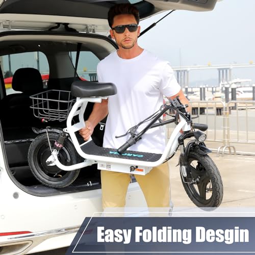 Caroma Peak 500W/800W/1200W Electric Scooter with Seat, Max 15/20/30Miles Range&20MPH, 14" Tires Foldable Adult Electric Scooter with Basket for Pets & Cargo, Dual Shock Absorbing Ebike for Commuting