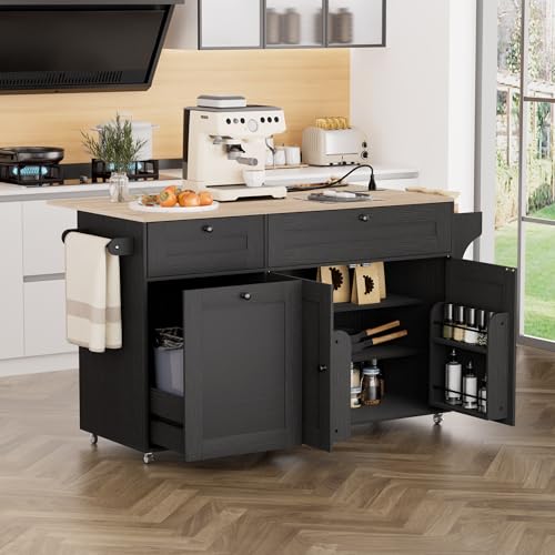 Kitchen Island on Wheels with Storage and Power Outlet, Kitchen Island with Trash Can Storage Cabinet and Drop Leaf, with Spice Rack & Towel Rack, Rolling Island Cart for Kitchens (Black)