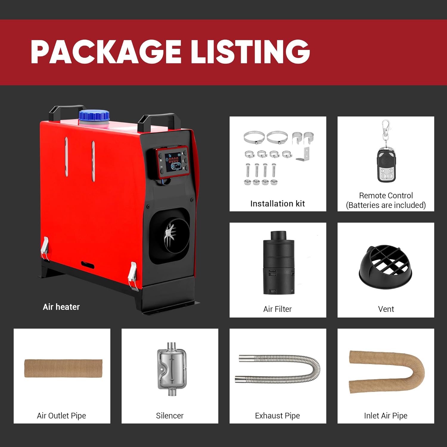Diesel Heater 8KW,All-in-One Diesel Air Heater, Portable Diesel Heater with LCD Monitor & Remote Control, Fast Heating for Tent, Car, RV, Truck, Camper, Trailer, Motorhome, Red