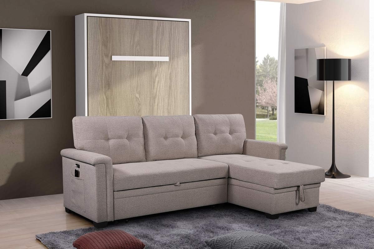 Sectional Sleeper Sofa with Storage Chaise and Pull Out Bed, Linen Tufted Upholstered Convertible Corner Couch for Living Room, Home Furniture, Apartment, 84", Light Gray-1