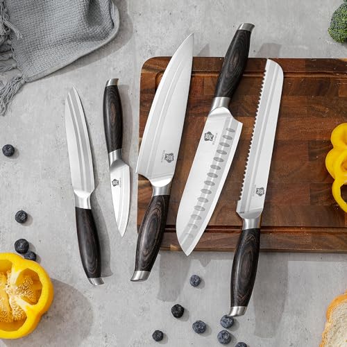 WILDMOK Kitchen Knife Block Set, 17-piece Knife Set with Wooden Block German Steel Kitchen Knives Sets with Bone Chopper, Gift Box
