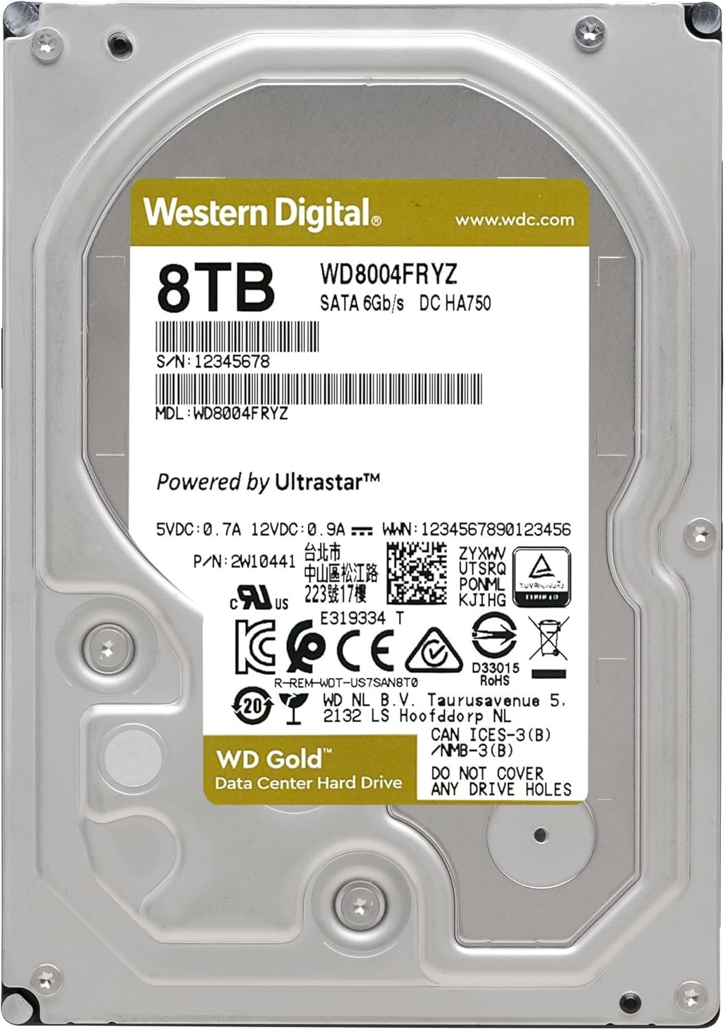 Western Digital 8TB WD Gold Enterprise Class Internal Hard Drive - 7200 RPM Class, SATA 6 Gb/s, 256 MB Cache, 3.5 - WD8004FRYZ