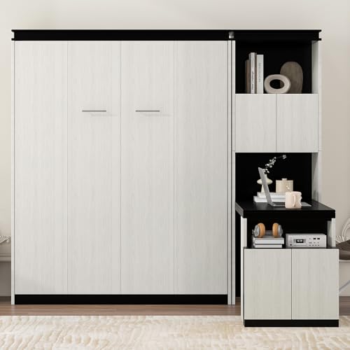 MERITLINE Full Murphy Bed with Desk & Storage Bookcase Shelves, White Wood Murphy Bed Cabinet Folding Wall Unit