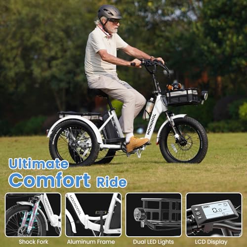 MOONCOOL Electric Trike, Electric Tricycle for Adults, 20" Folding 3 Wheels Electric Bicycle Bikes, 48V 500W/750W Motorized Electric Ebike with Aluminum Frame, Removable Battery and Basket