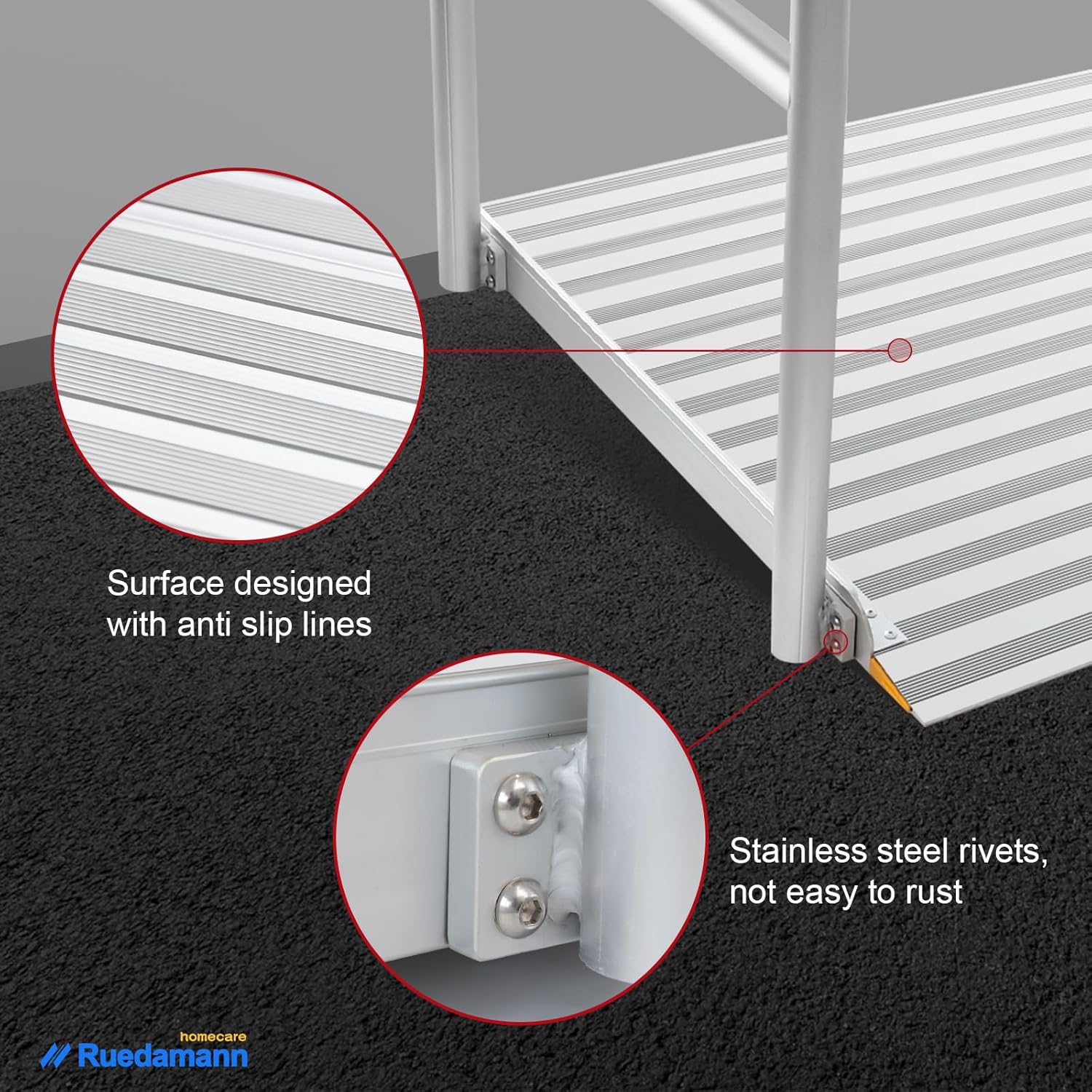 Ruedamann 3'L x 36" W Aluminum Wheelchair Ramp with Handrails, 600 Lbs Capacity Threshold Ramp for Home Steps Stairs Curbs, Non-Slip Access Ramp, Doorway Ramp for Wheelchairs Scooters Carts Walkers