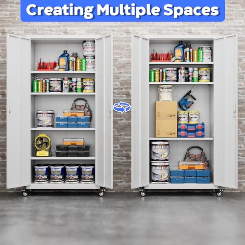 73" H Metal Storage Cabinet with Wheels, Garage Storage Cabinet with 4 Adjustable Shelves and Lockable Doors for Garage Home Office Utility Room,Required Assembly,Black