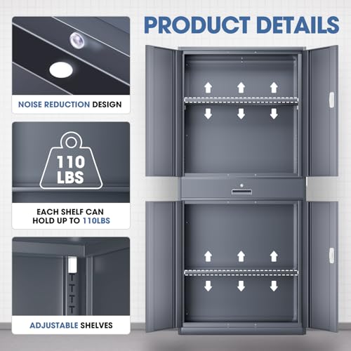 DNA MOTORING 71'' Metal Storage Cabinet, Locking Tool Cabinet with 1 Drawer and Adjustable Shelves, Lockable Heavy Duty Metal Locker for Garage,Office,Home,Gym, Gray, TOOLS-00629-GY-GY-A