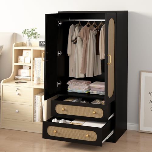2 Door Wood Wardrobe Bedroom Closet, Rattan Wardrobe Cabinet with 2 Drawers & Hanging Rail, Freestanding Large Capacity Storage for Dormitory, Apartment, (Black)