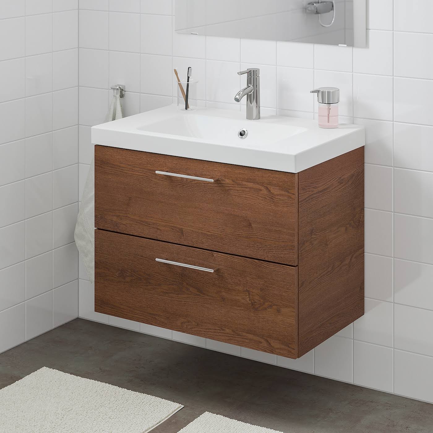 IKEA - GODMORGON / ODENSVIK Sink Cabinet with 2 Drawers, Brown Stained Ash effect/Dalskr Faucet, 32 5/8x19 1/4x25 1/4 59305184