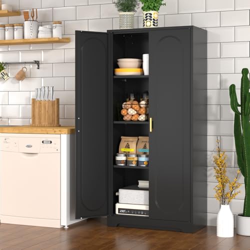 Metal Storage Cabinet with Doors and Shelves, 71 Inch Tall Kitchen Pantry Cabinet, Pantry Cabinets for Kitchen Storage, Freestanding Cupboard for Living, Dining Room, White, Assembly Required