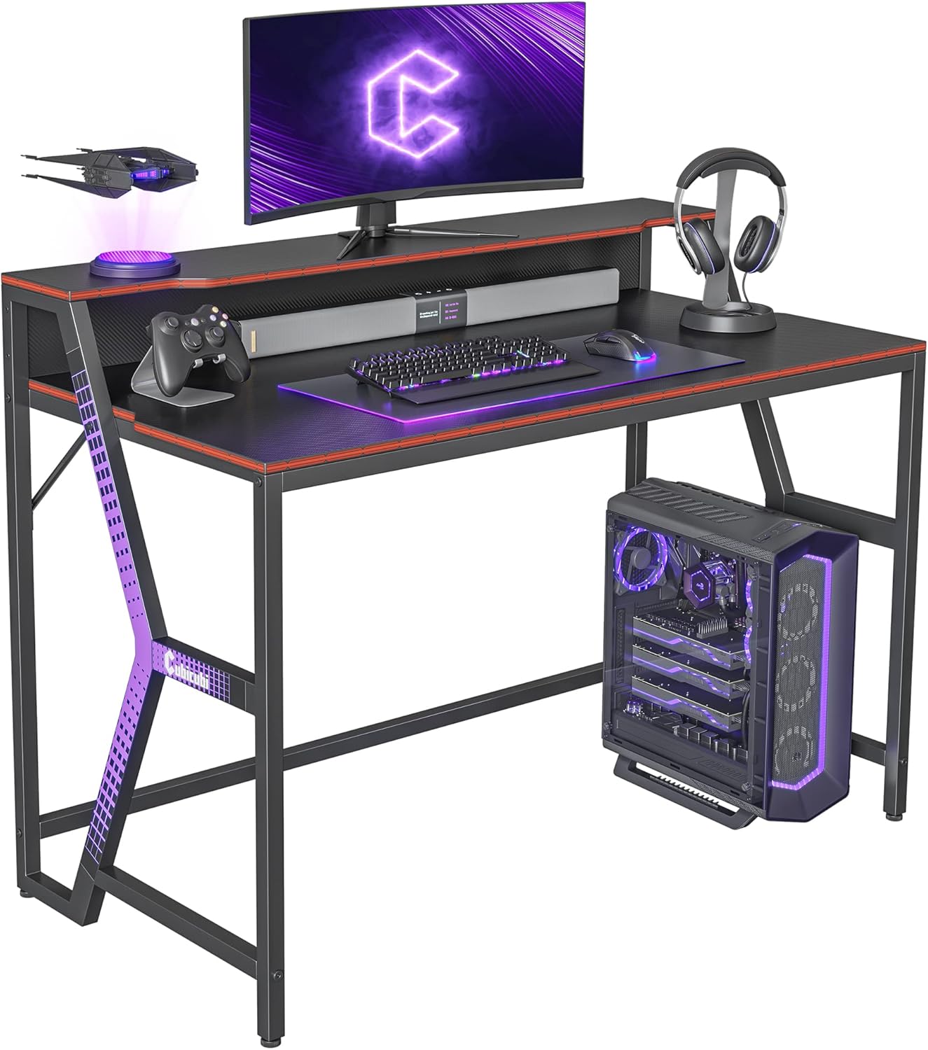 CubiCubi Carrier Gaming Desk 47 inch Gamer Workstation, Home Computer Carbon Fiber Surface Gaming Desk PC Table with Monitor Stand