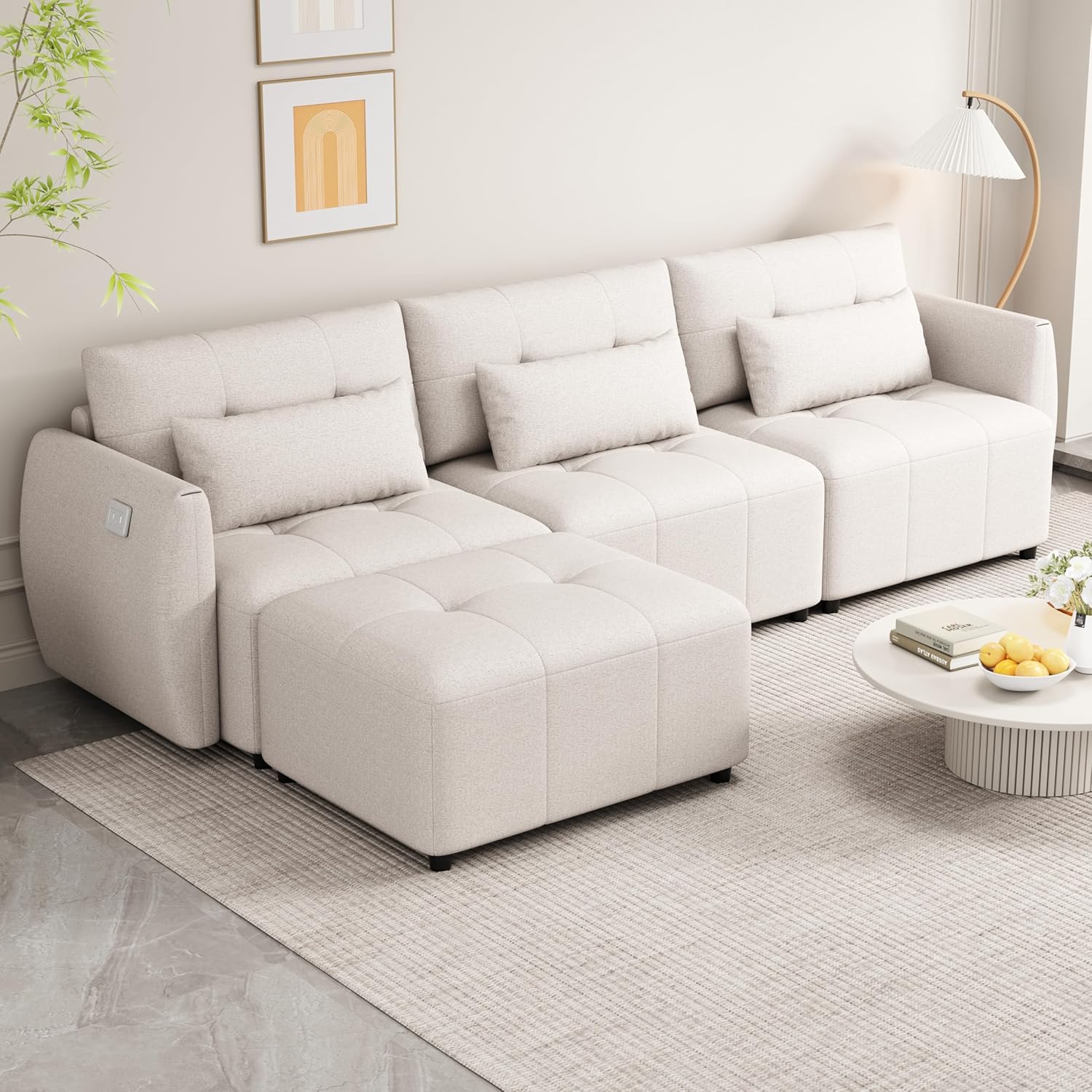Living Room Furniture Sets, Oversized 114" Convertible Sectional Sofa,5-Seat L-Shaped Couch with Movable Ottoman and USB,Extra Comfy Upholstered Cloud for Large Space Apartment Office, Beige
