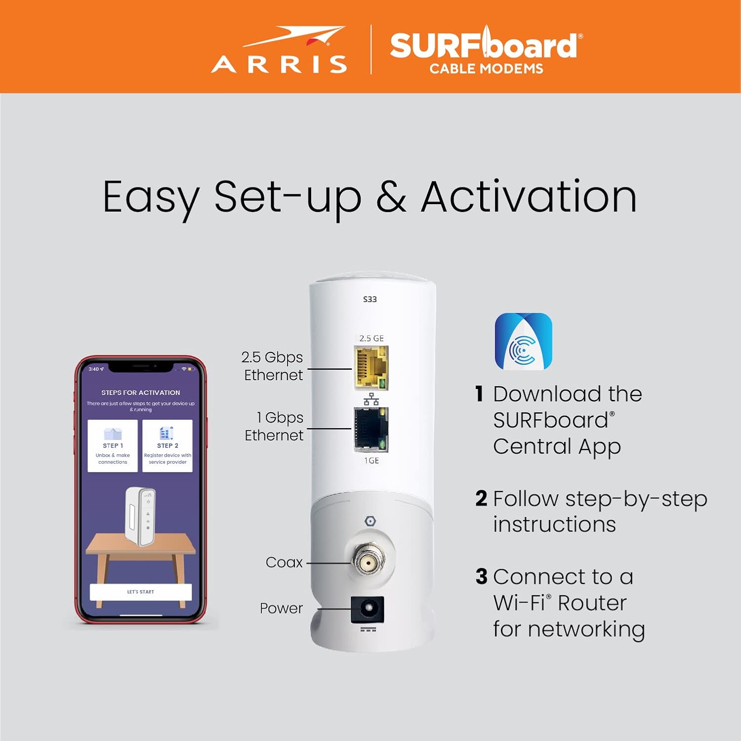 ARRIS S33 DOCSIS 3.1 White Cable Modem | 2.5 Gbps Max Internet Speeds | 2.5 & 1 Gbps Ports | 4 OFDM Channels | Compatible with Xfinity, Cox, Spectrum & More