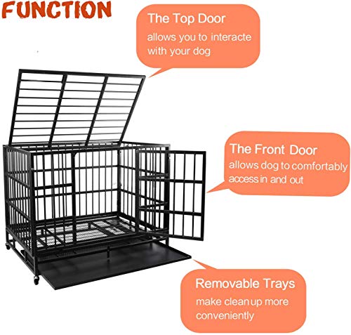 LEMBERI 48/38 inch Heavy Duty Indestructible Dog Crate, Escape Proof Dogs Cage Kennel with Lockable Wheels,High Anxiety Double Door Kennel,Extra Large Crate Indoor for Large Dog with Removable Tray