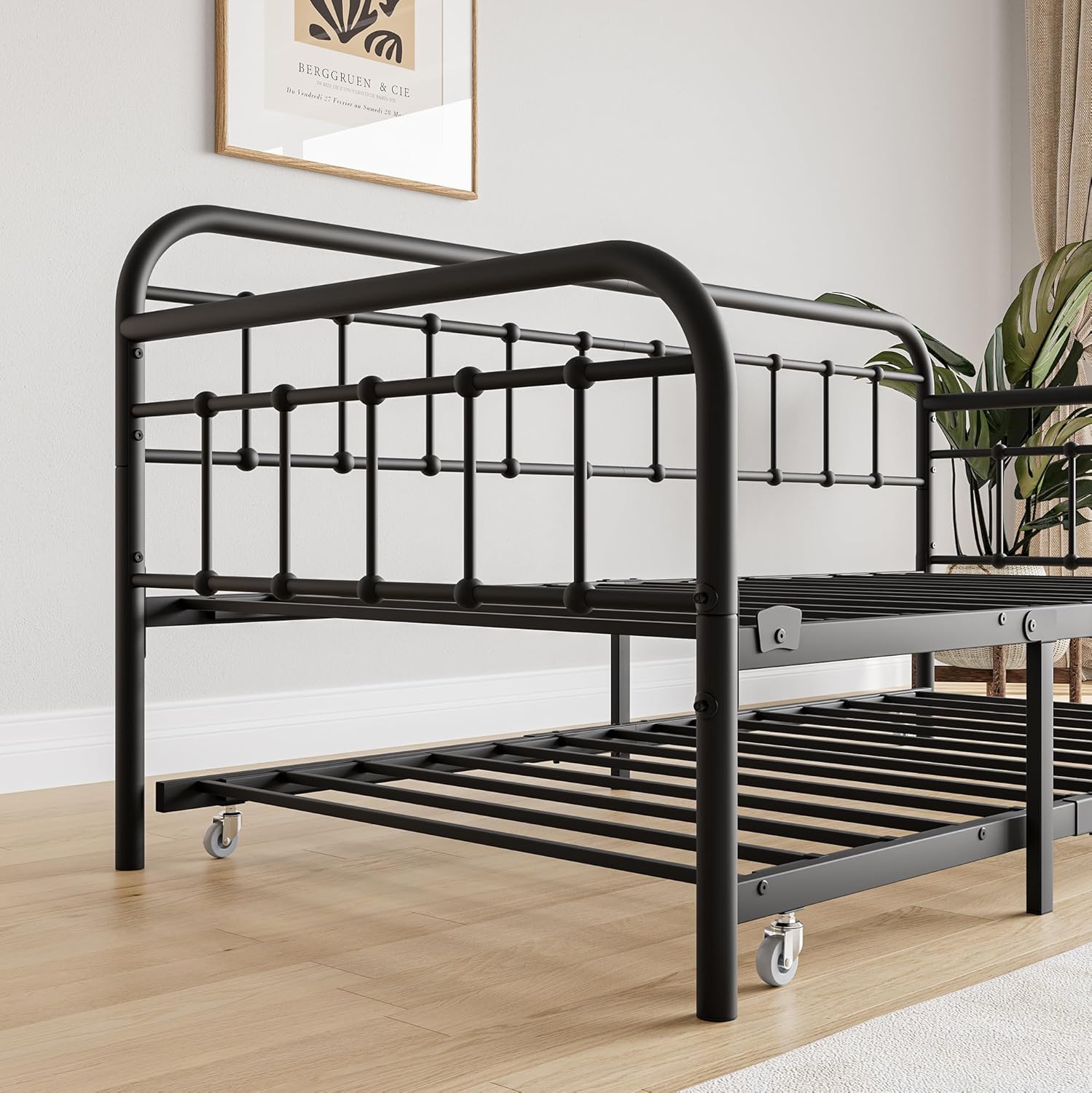 Twin Size Metal Daybed, Metal Day Bed with Trundle w/4 Esay-Glide Casters, Heavy Duty Steel Slat Support Sofa Bed with Headboard for Living Room Bedroom Guestroom, Noise Free, Black
