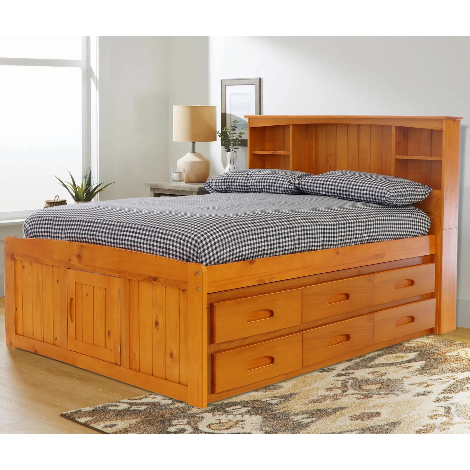 American Furniture Classics OS Home and Office Furniture Model 82121K12-22 Solid Pine Full Captains Bookcase Bed with 12 drawers in Warm Honey