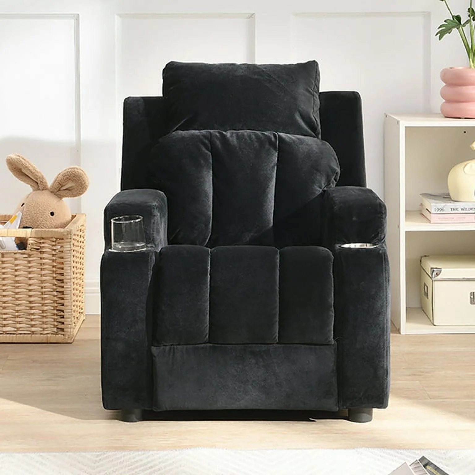 Kids Recliner Chair Upholstered Couch with Two Cup Holder, Footrest, Backrest, Toddlers Velvet Recliner with Headrest and Footrest