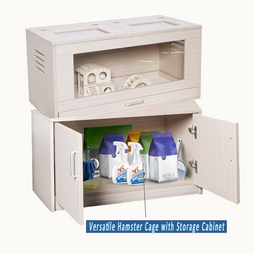 Hamster Cage with Storage Cabinet Small Animal Cage, Easy View Acrylic Panels, Large Habitat for Hedgehog Gerbil & Rat 31.5" Lx 15.75" x 32.28" (Teak)